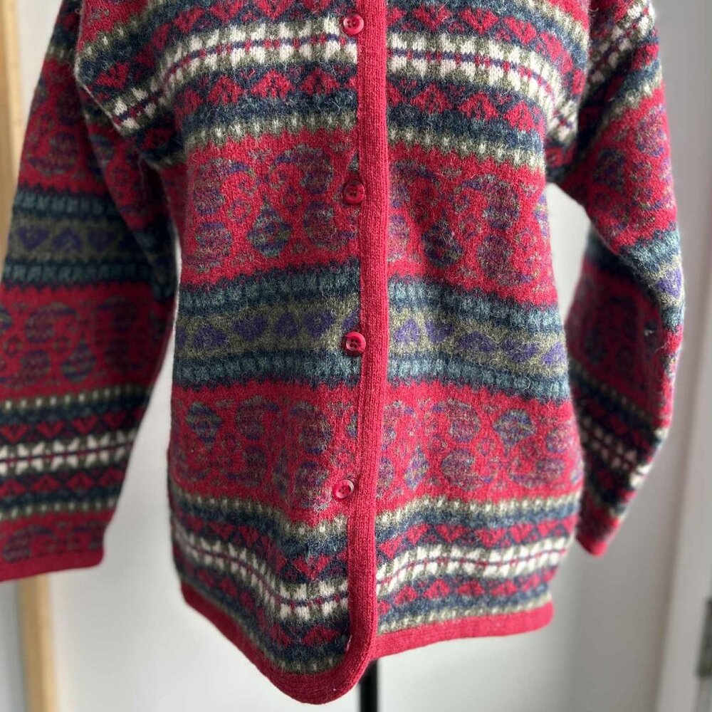 Vintage Simons Cerise & Multicolor Fair Isle Pure Shetland Wool Cardigan – US L - Picture 5 of 14